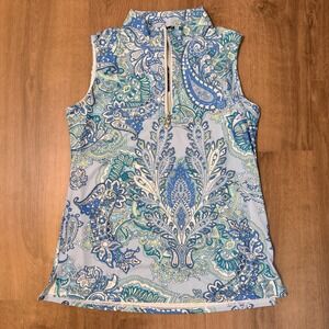 Acegolfs Womens Sleeveless Golf Polo Top Blue Green Paisley Geometric NWT M